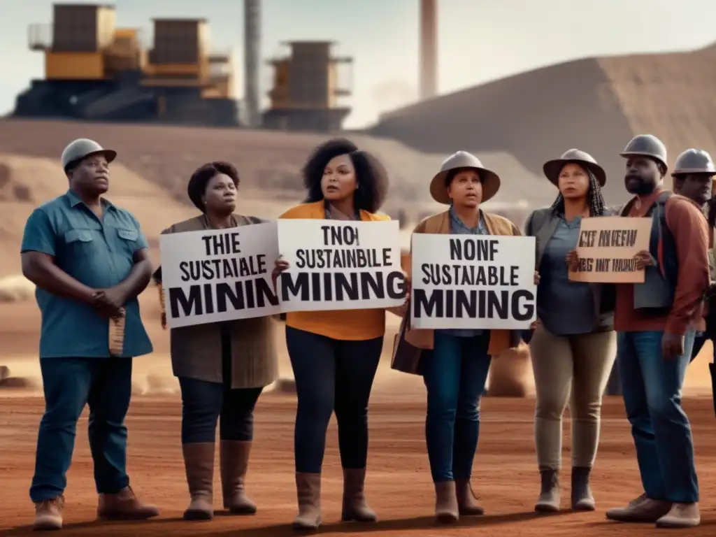 Activistas frente a mina, luchando por minería sostenible y justicia social - Impacto de movimientos sociales en minería sostenible