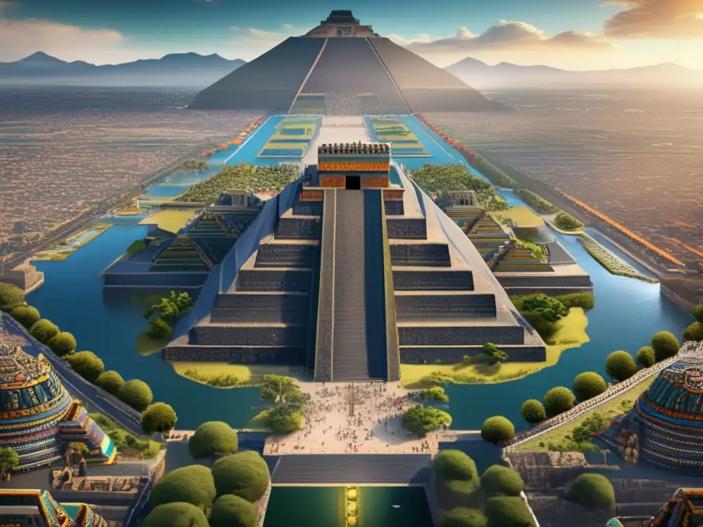 Vista aérea detallada de la antigua ciudad azteca Tenochtitlan con templos, pirámides y actividad comercial