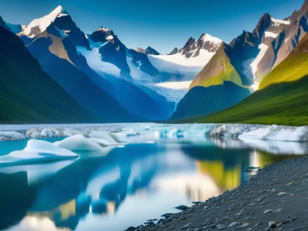 Técnicas sostenibles en minería de cobre en Alaska: paisaje alpino impresionante con ríos cristalinos, glaciares y montañas nevadas