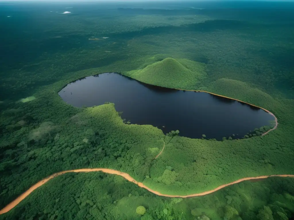 Impacto ambiental de la minería ilegal en la Amazonía: imagen detallada de la selva con áreas afectadas, campamentos mineros y desechos