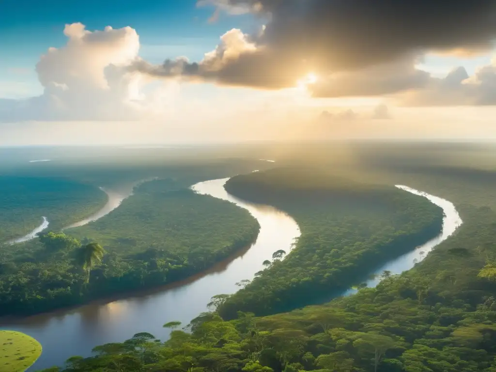 Impacto minería en seguridad alimentaria: Amazonía exuberante con río sereno, árboles majestuosos y diversa vida silvestre