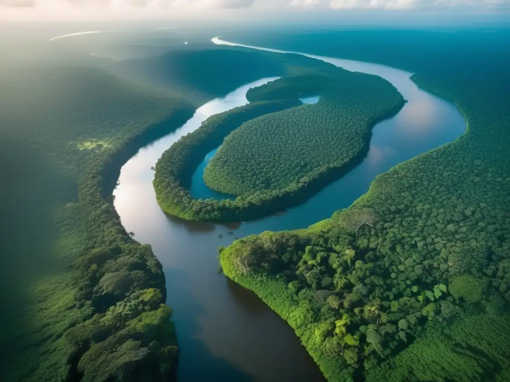 Minería sostenible en la Amazonía: Biodiversidad, verde exuberante y sereno río en imagen aérea del bosque amazónico