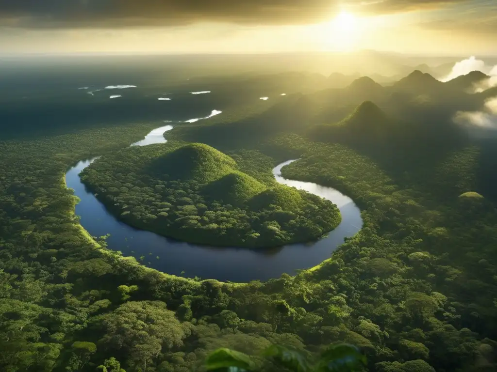 Impacto ambiental minería en la Amazonía, biodiversidad, exuberante vegetación, río serpenteante, aves tropicales vibrantes