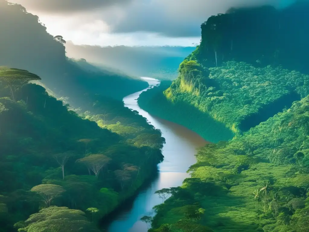 Tecnología sostenible para minería en la Amazonía: exuberante selva, río serpenteante, biodiversidad y belleza