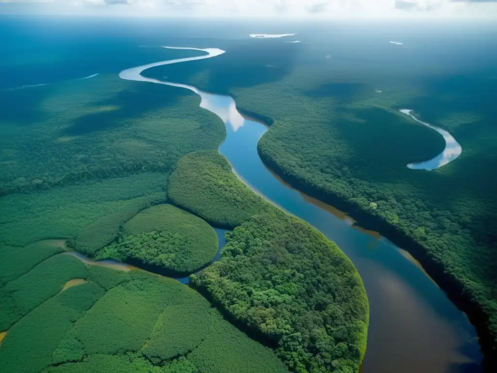 Impacto minería biodiversidad Amazonía: Vista aérea impresionante de la vasta selva amazónica, con su denso dosel verde, ríos serpenteantes y diversidad de especies