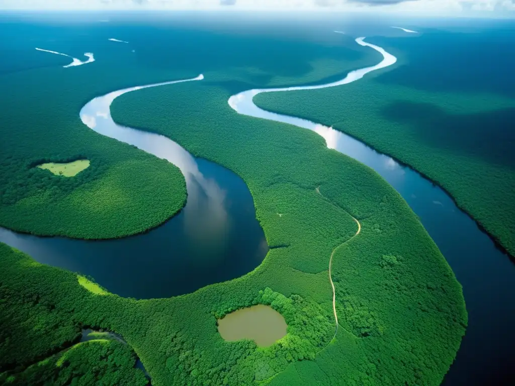 Impacto gestión sostenible recursos naturales en América - Vista aérea impresionante de la Amazonía con diversa biodiversidad y ríos serpenteantes