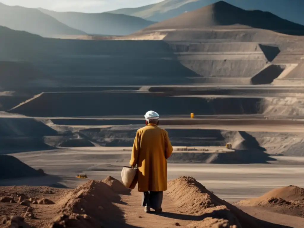 Impacto social de la minería en ancianos: imagen realista de persona mayor frente a una mina