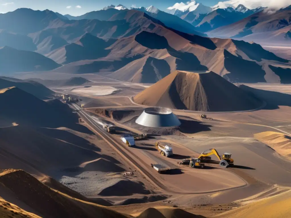 Impacto ambiental minería Andes: paisaje de montañas, maquinaria minera, naturaleza y vida silvestre coexistiendo