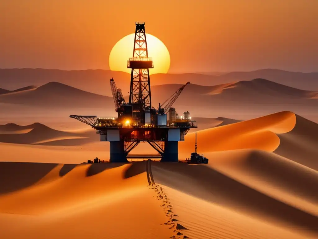 Técnicas sostenibles en la minería: Imagen de una plataforma petrolera en el desierto de Arabia Saudita, con trabajadores y tecnología avanzada