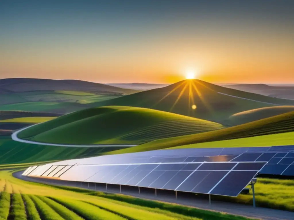 Paisaje de colinas verdes con paneles solares, autos eléctricos y almacén de energía