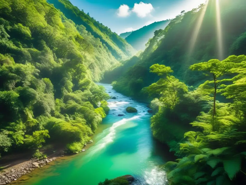 Un paisaje verde exuberante con un río que fluye