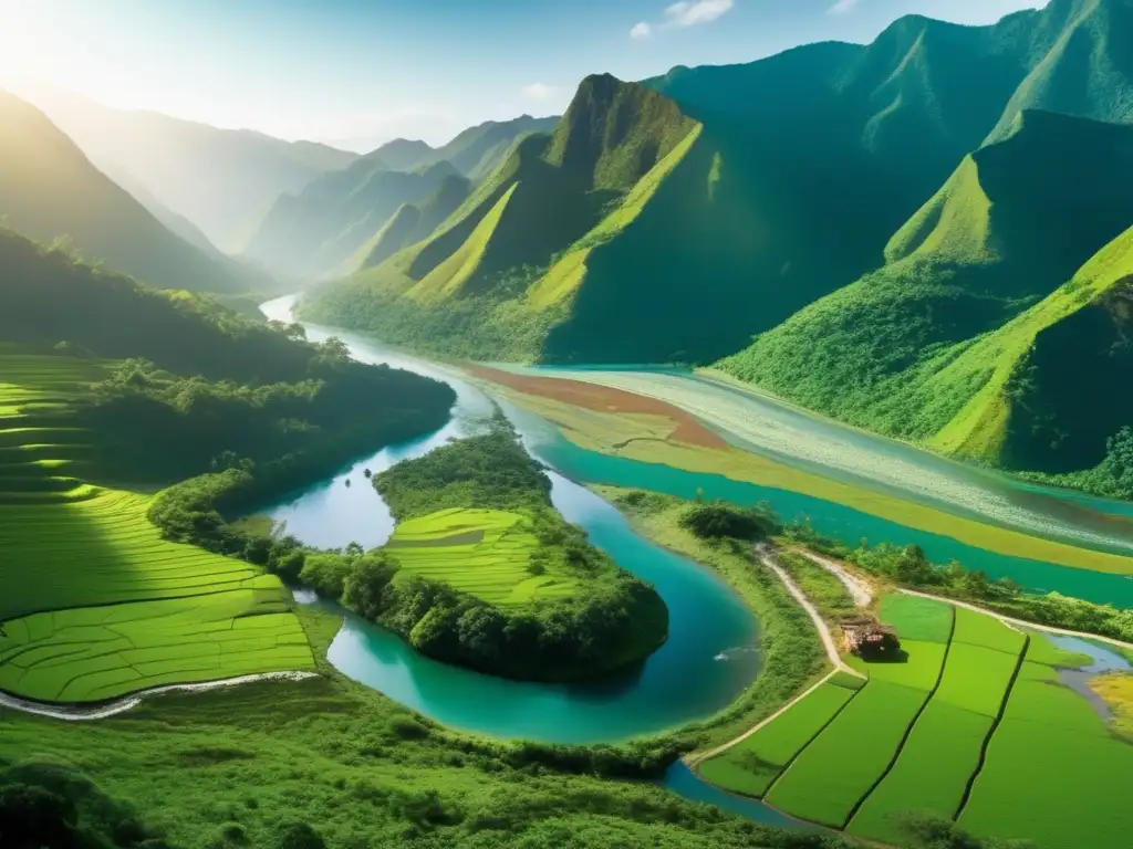 Paisaje verde con montañas, río tranquilo y minería sostenible - Impacto social de la minería en América