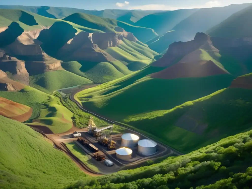 Coexistencia sostenible de minería y conservación en majestuoso paisaje montañoso con armonía entre naturaleza y maquinaria eficiente