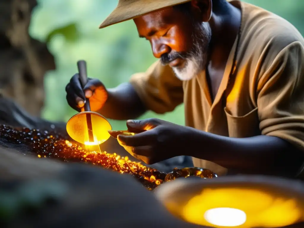 Técnica sostenible de minería de ámbar con experto artesano y herramienta tradicional