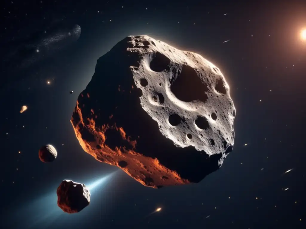 Vista impresionante de un asteroide en el espacio, con una nave espacial y los pasos clave para planificar una misión de extracción de asteroides