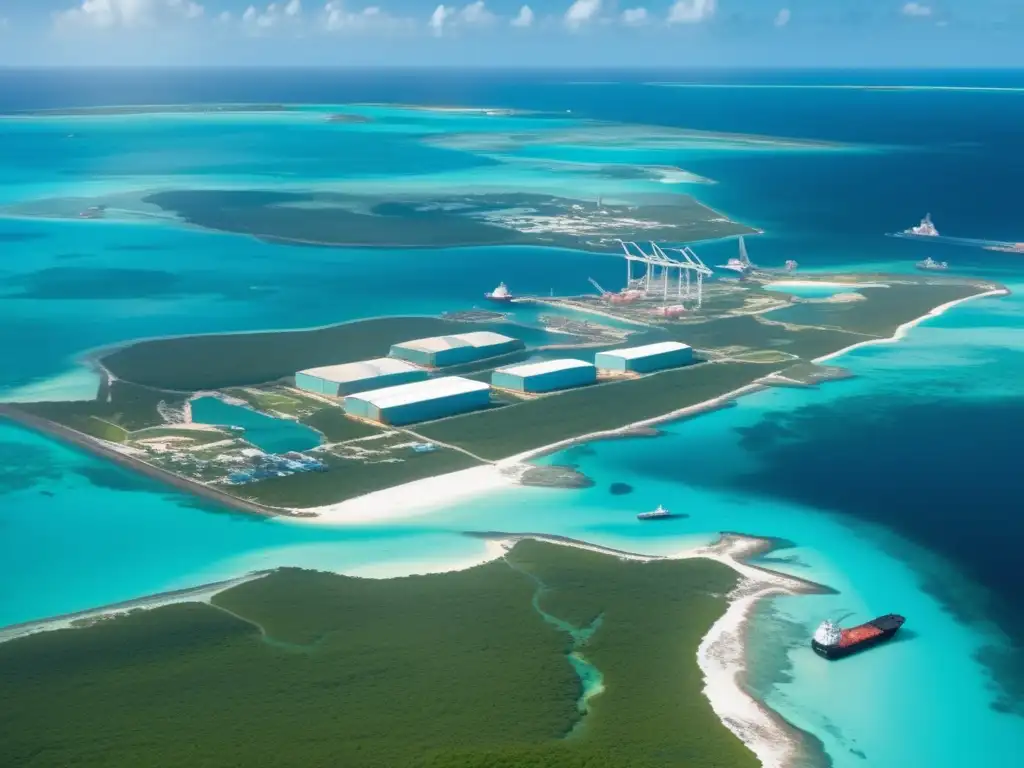 Conexión económica minería Bahamas: vista aérea impresionante muestra aguas turquesas, islas verdes, barco anclado y operaciones mineras