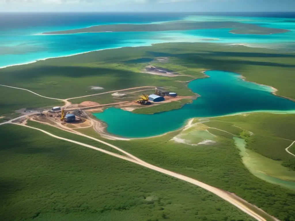 Conexión económica minería Bahamas: imagen de minas, maquinaria pesada y trabajadores en paisaje vibrante, demostrando impacto en economía