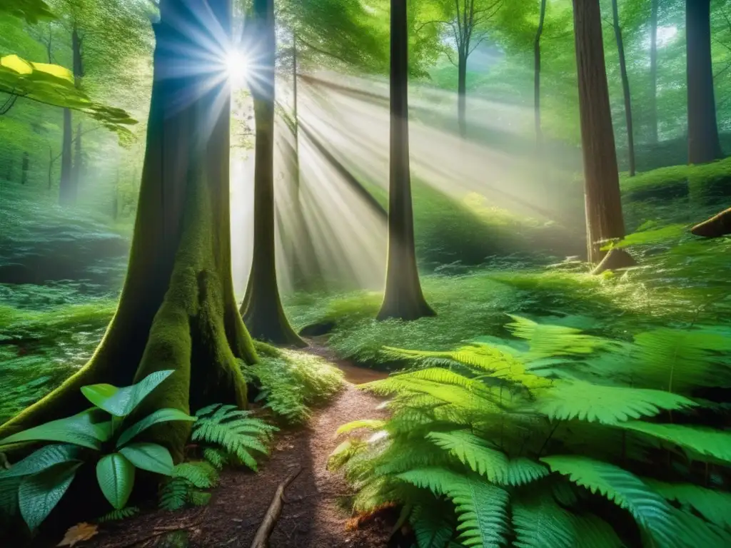 Bosque verde con árboles majestuosos, luz filtrándose entre las hojas, biodiversidad y belleza natural