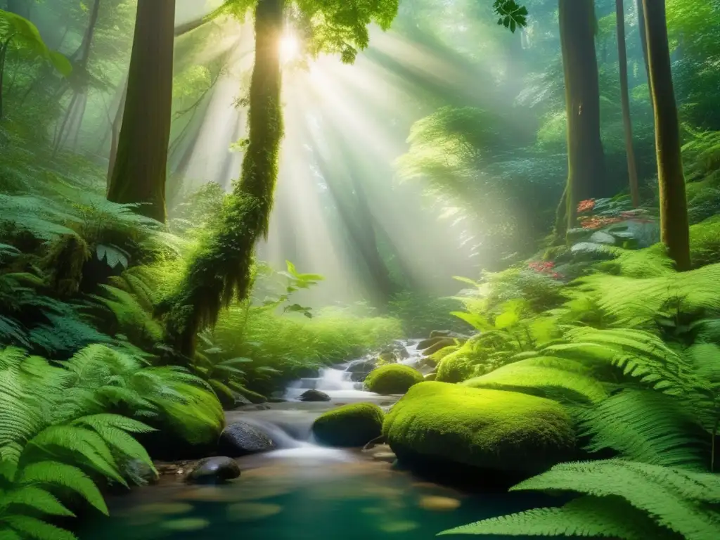 Bosque exuberante con árboles altos y diversa vida silvestre Bosque exuberante con árboles majestuosos, luz solar filtrada y diversa vida vegetal