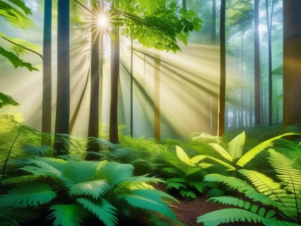 Bosque exuberante bañado en luz dorada Bosque exuberante con árboles altos y técnicas sostenibles en la gestión de recursos naturales