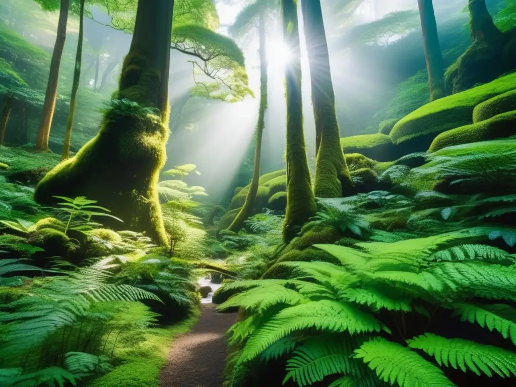 Bosque verde exuberante en Japón: equilibrio tecnología y naturaleza