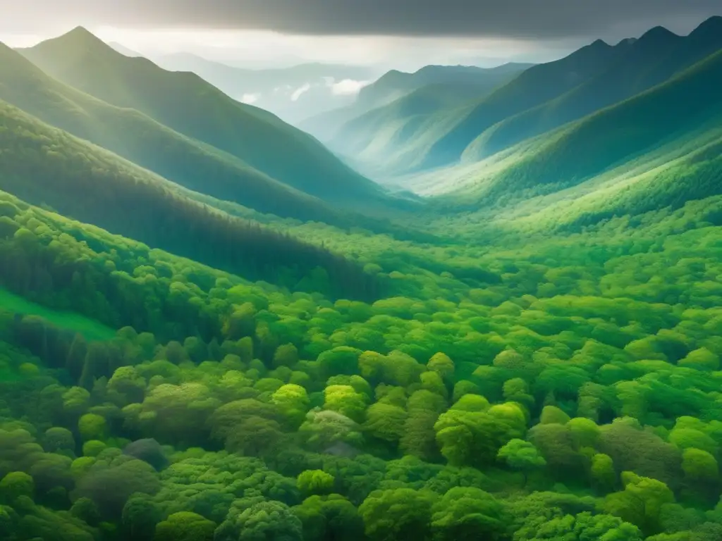 Vista aérea impresionante de un bosque verde rodeado de imponentes montañas - Importancia evaluación impacto ambiental recursos