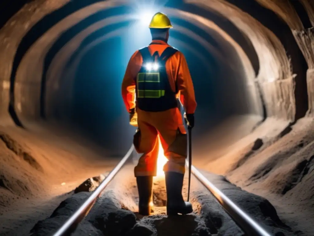 Innovaciones en equipos de protección minera: minero con botas resistentes y modernas en túnel de mina iluminado