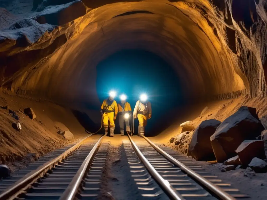 Riesgos de enfermedades infecciosas en la minería: trabajadores en túnel minero oscuro, con equipo de protección y cerca de vectores de enfermedades