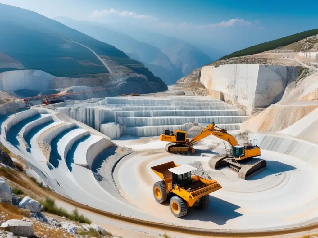 Gestión sostenible de minas de mármol en Grecia: Vista panorámica de cantera en montañas griegas, operación minera, maquinaria pesada, extracción de bloques de mármol, colores vibrantes, cintas transportadoras, belleza natural y prácticas sostenibles