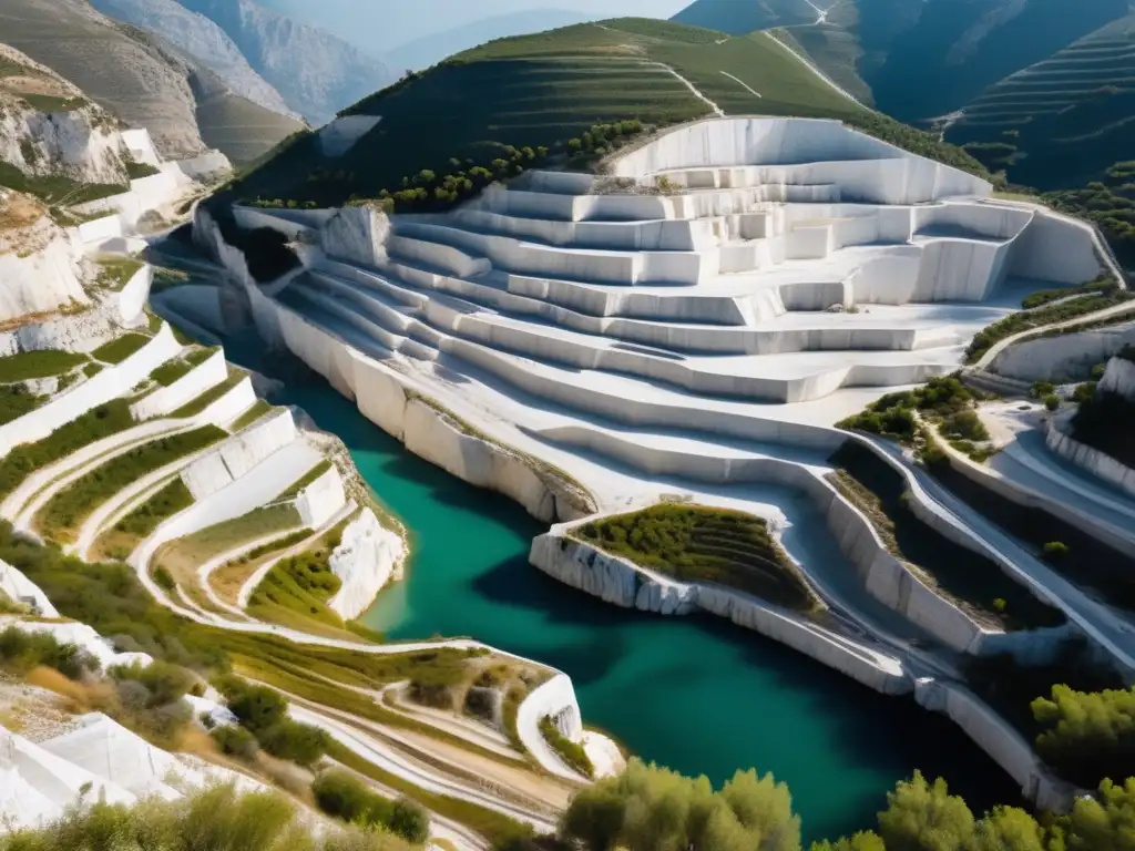 Gestión sostenible de minas de mármol en Grecia: vista aérea impresionante de cantera de mármol con terrazas y equipos mineros