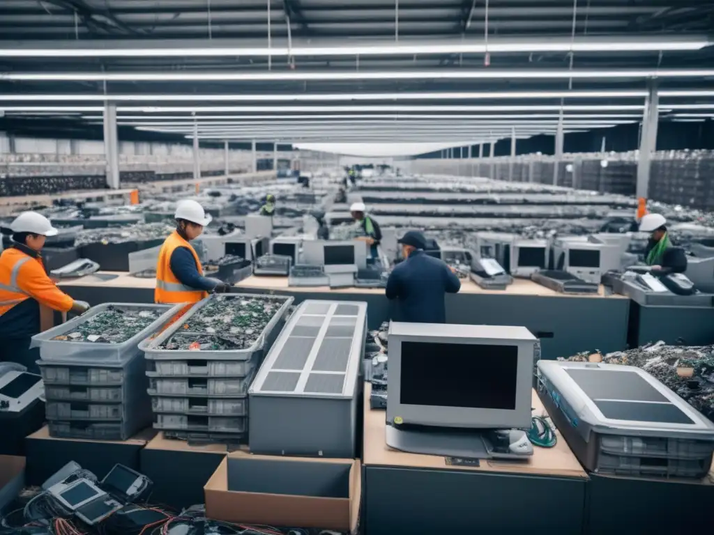 Importancia minerales raros en era digital: Centro de reciclaje electrónico con trabajadores clasificando dispositivos desechados