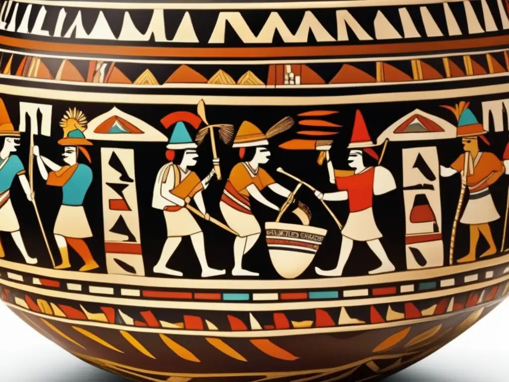 Minería sostenible en cultura Nazca: Vaso cerámico detallado reflejando actividades mineras con herramientas tradicionales y paisaje rocoso