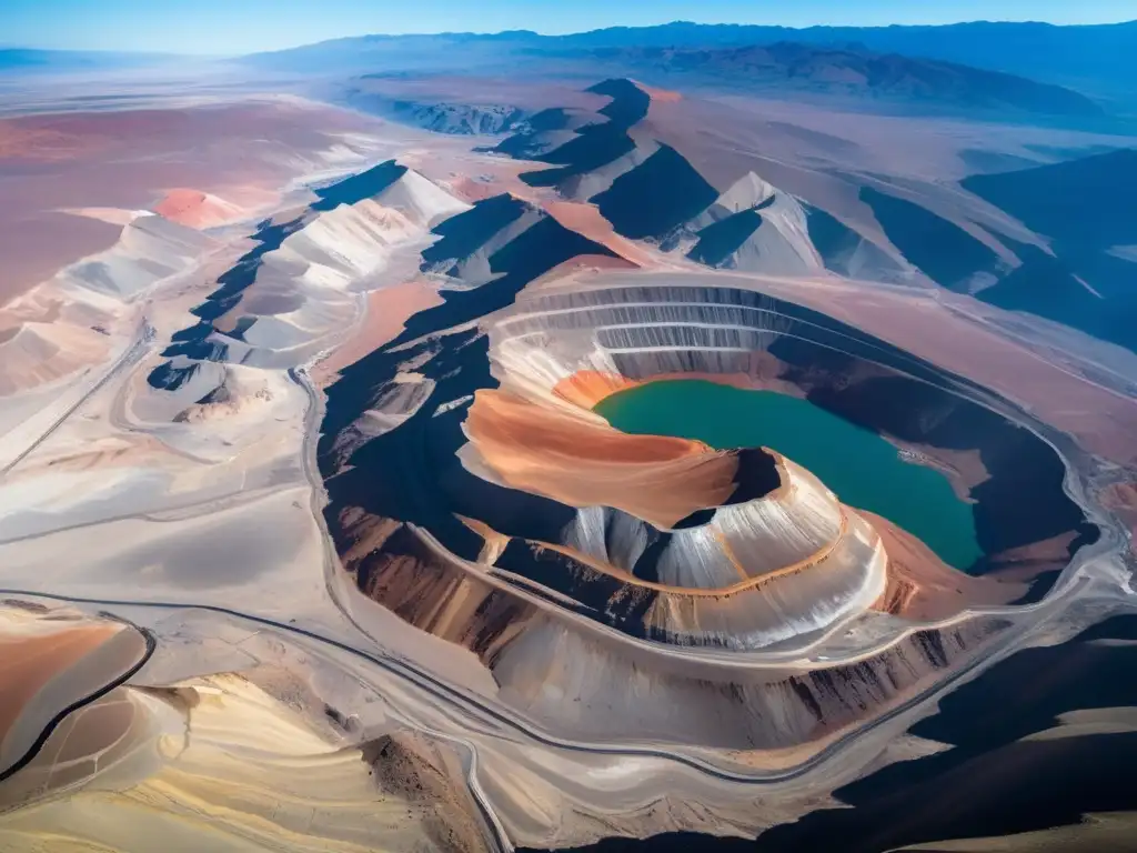 Importancia del yacimiento de Chuquicamata en Chile: vista aérea impresionante de la mina de cobre, mostrando su vastedad y su impacto en el paisaje