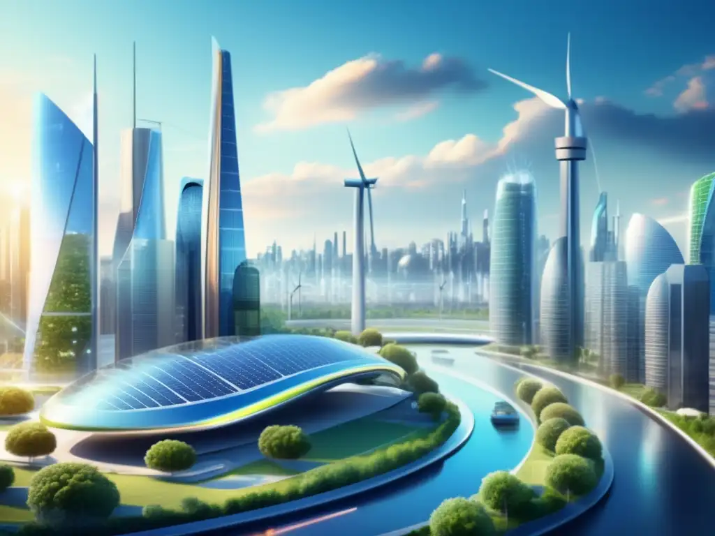 Ciudad futurista sostenible con edificios ecológicos, energías renovables y movilidad eléctrica