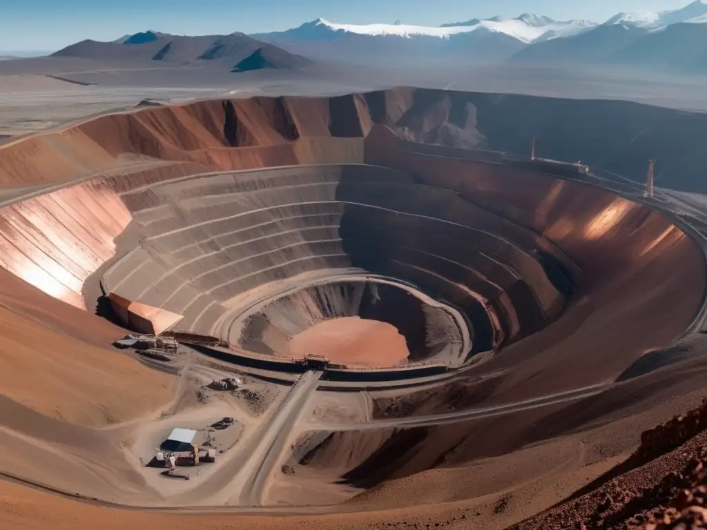 Reciclaje sostenible en minería: Vista panorámica de una mina de cobre en Chile, con instalaciones de agua y maquinaria en operación