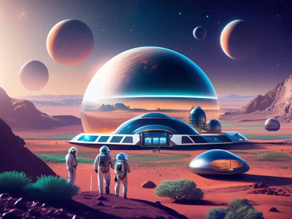 Vista asombrosa de colonia espacial futurista en planeta remoto: Minería espacial sostenible y equitativa