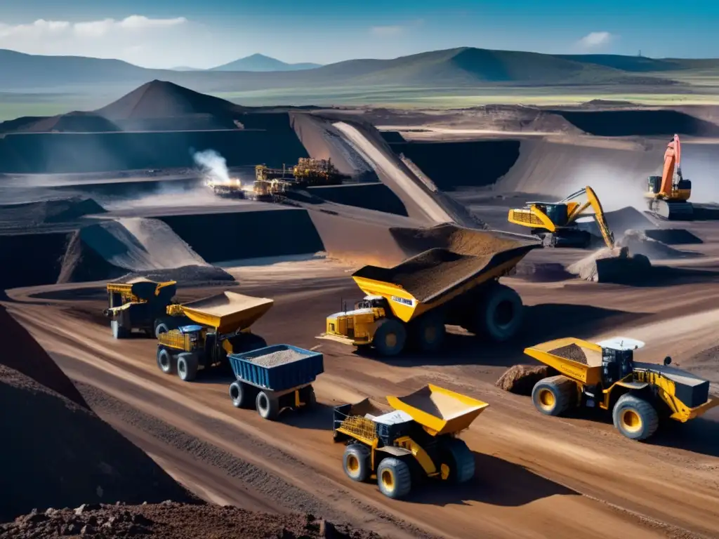 Perspectivas comercio minerales postpandemia: imagen realista de mina industrial con maquinaria pesada y paisaje montañoso