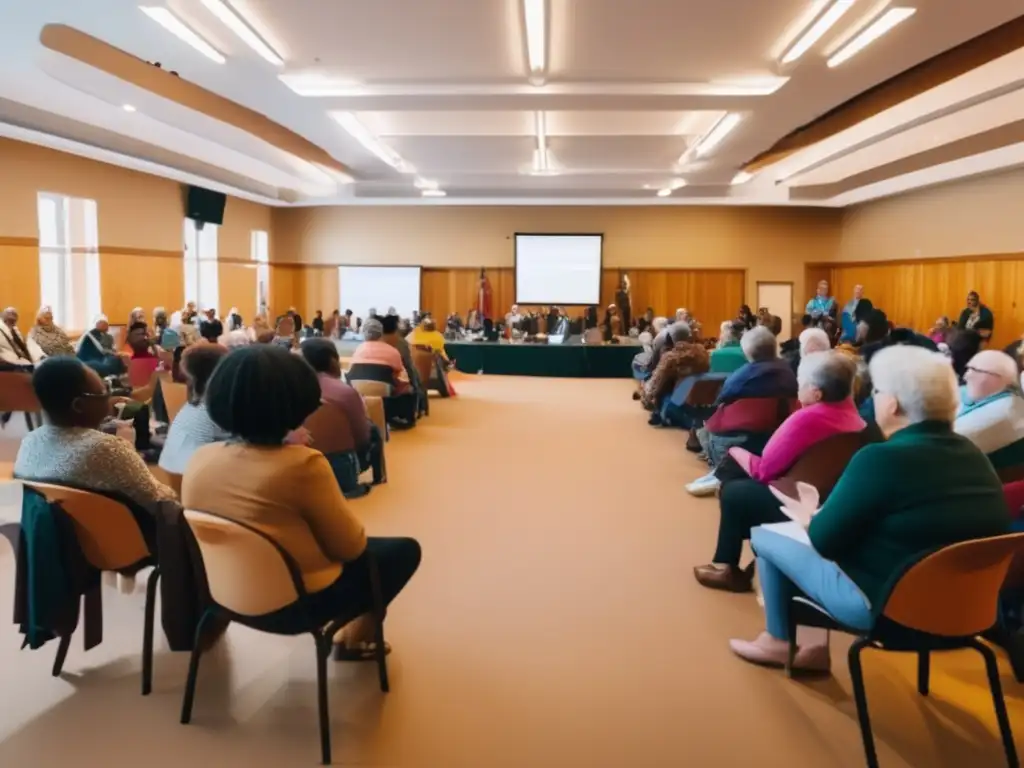 Reunión comunitaria inclusiva en una sala amplia, representando la participación diversa y los beneficios de la minería inclusiva