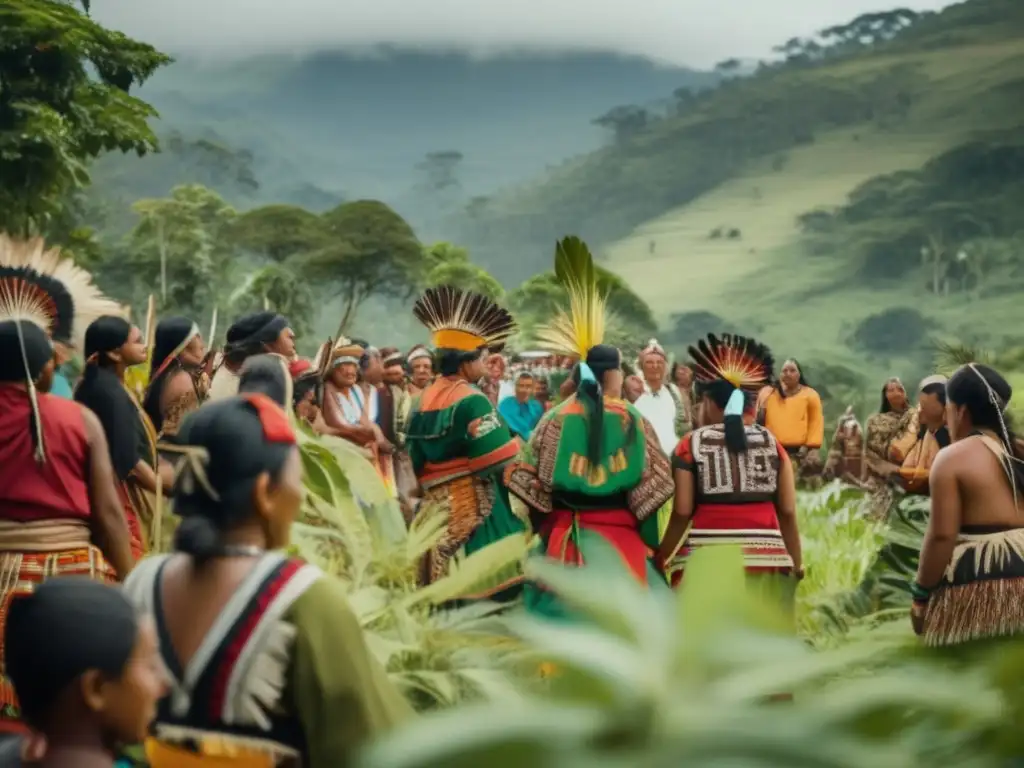 Comunidad indígena en paisaje exuberante, con tradiciones ancestrales y amenazas mineras