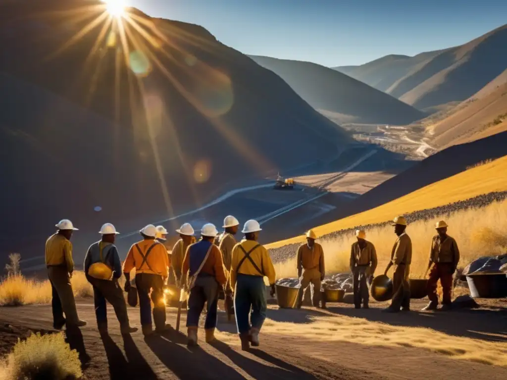 Impacto de la minería en comunidades locales: mineros trabajando en paisaje montañoso, equipamiento minero y equilibrio entre progreso y preservación