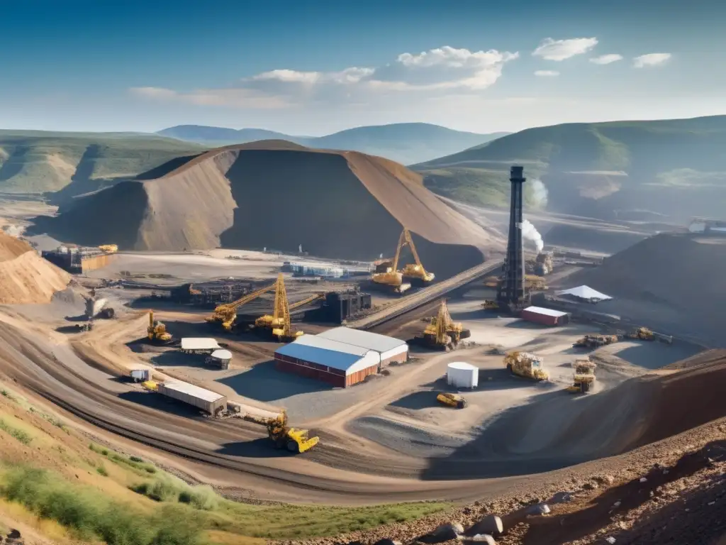 Impacto de la minería en comunidades: Imagen panorámica muestra comunidad minera en entorno montañoso, con actividad industrial y paisaje natural