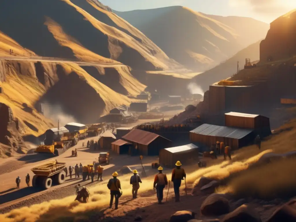 Mineros trabajando en comunidad minera Mineros en valle montañoso: Comercio justo y esfuerzo humano en minería (110 caracteres)