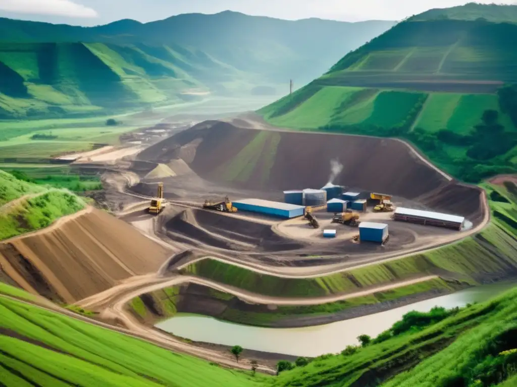 Desafíos del reasentamiento en minería sostenible: comunidad rural, impacto minero, paisaje contrastante, casas coloridas, actividades diarias