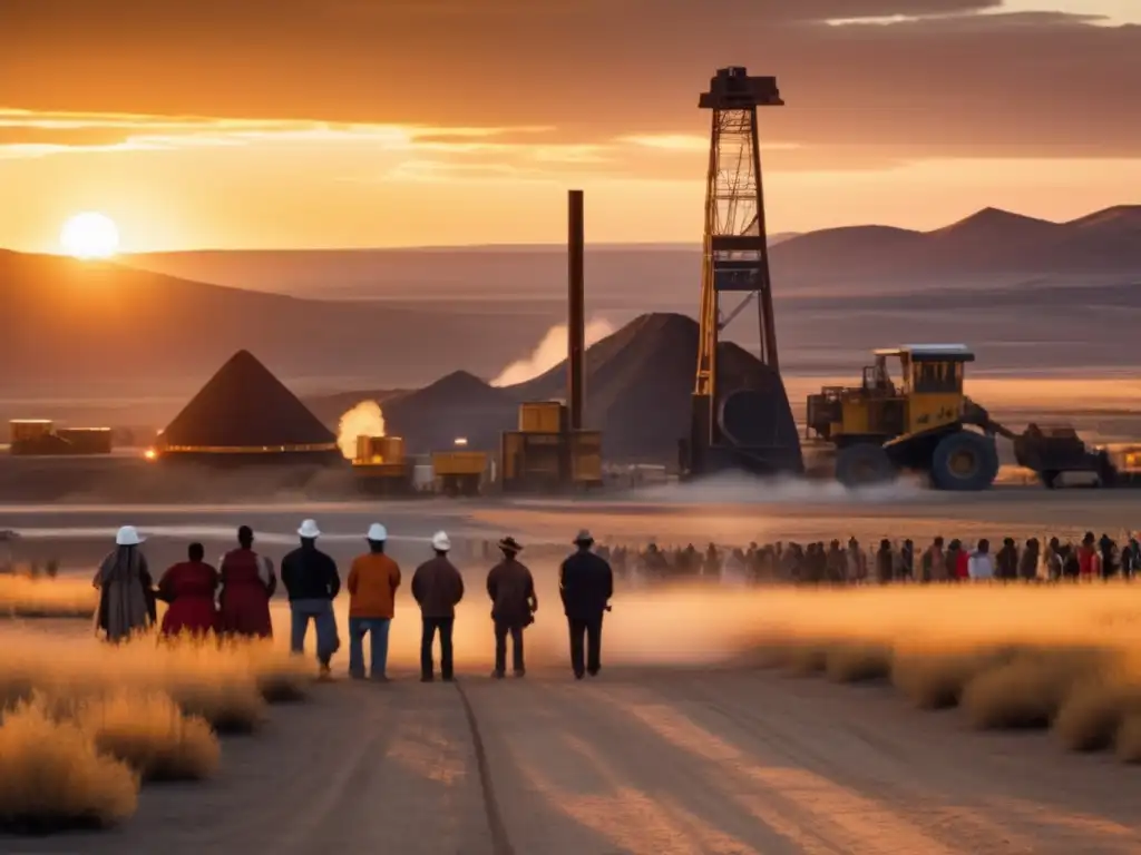 Coexistencia sostenible entre reasentamiento y minería en América, comunidad local junto a maquinaria minera en paisaje vasto