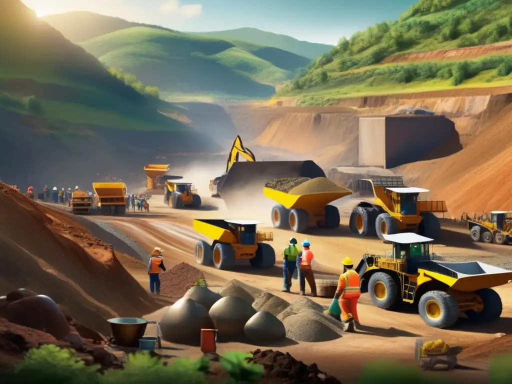 Iniciativas globales para minería sostenible en una comunidad minera vibrante y sostenible, con trabajadores locales y paisajes pintorescos