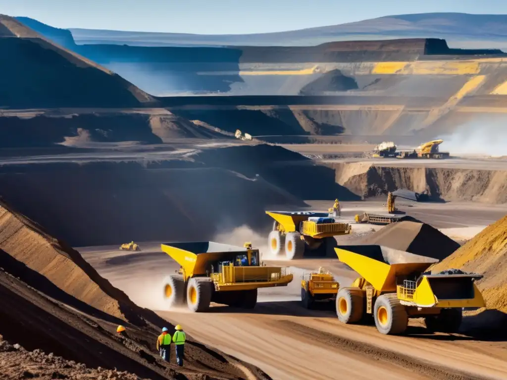 Impacto de minería en comunidad: mineros, maquinaria, energía verde, bienestar