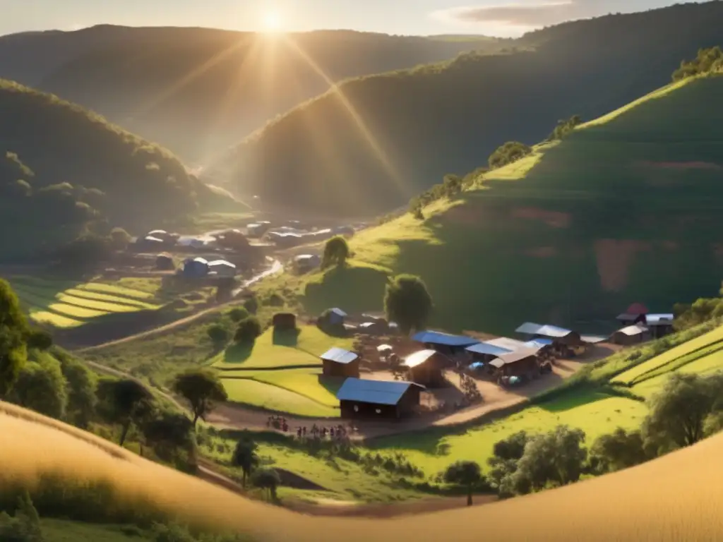 Rol ONGs en conflictos mineros comunitarios: Vista panorámica de una comunidad minera rural en un valle pintoresco, bañada por la cálida luz dorada