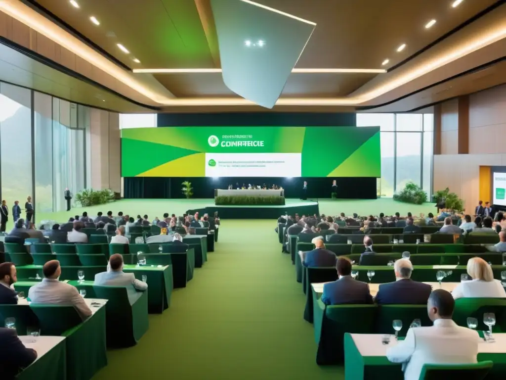 Conferencia minera sostenible: Delegados en sala eco-amigable, discutiendo y aprendiendo sobre prácticas sustentables