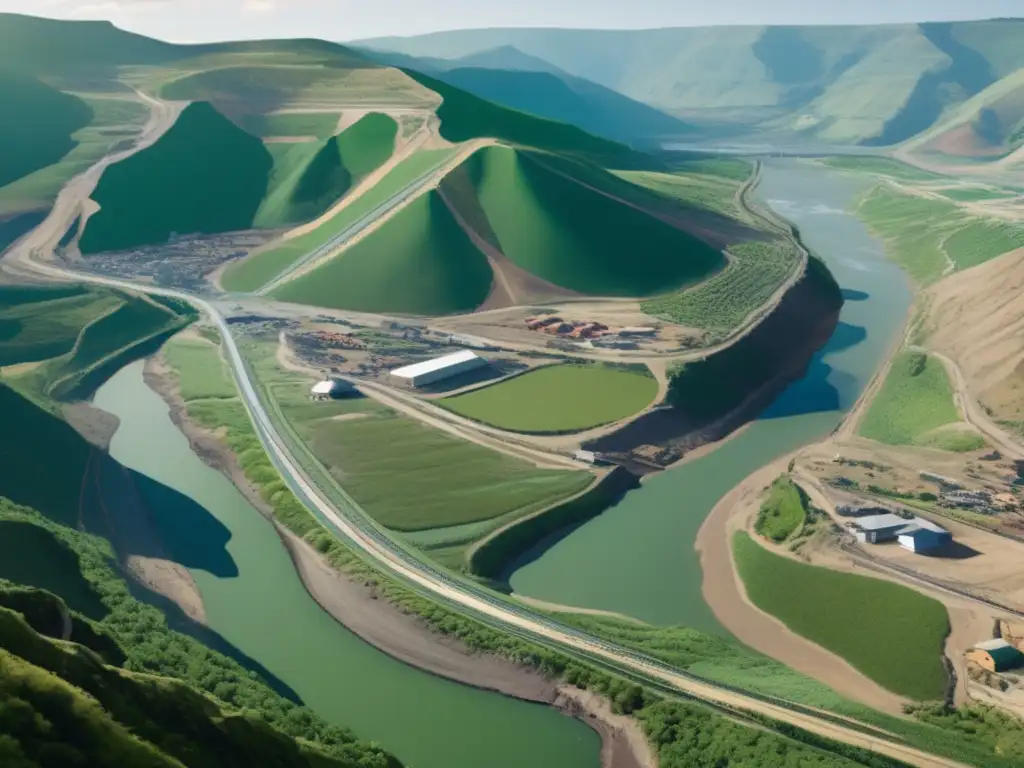 Paisaje minero con vegetación verde y río, muestra impacto de movimientos sociales en minería sostenible