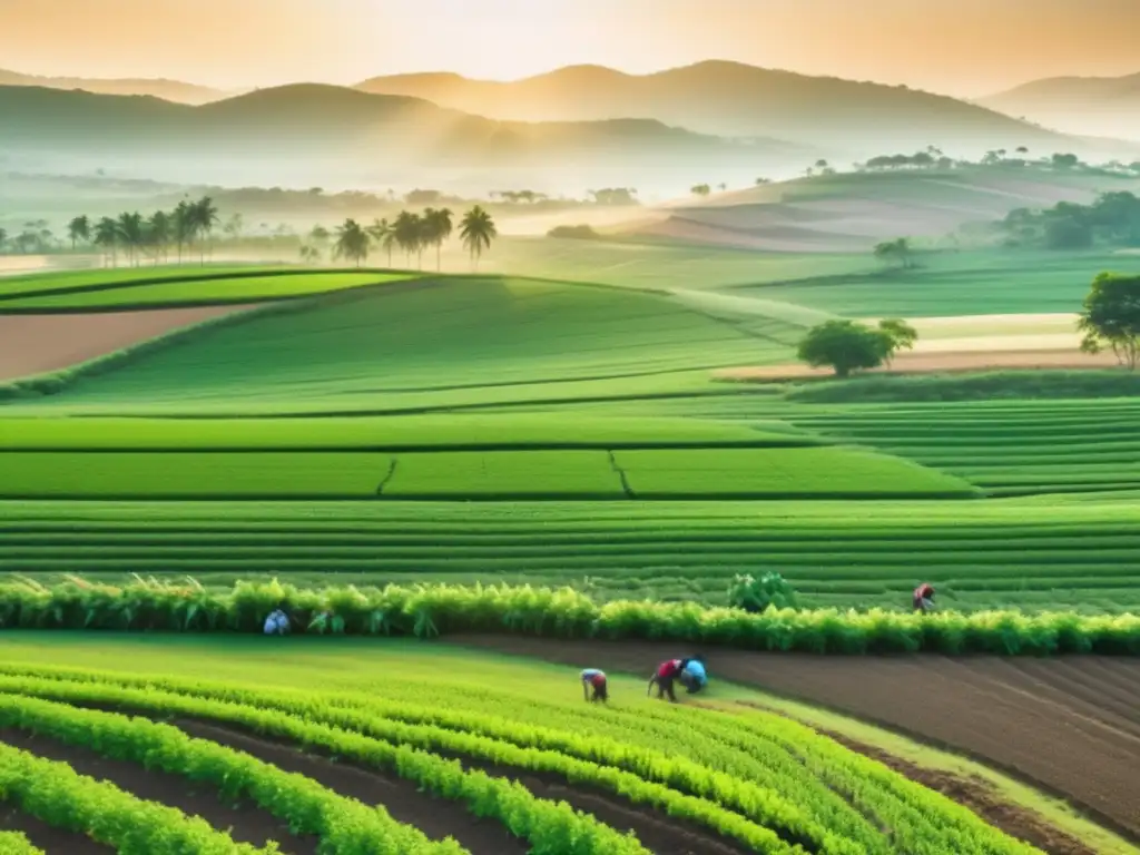 Paisaje agrícola verde con cultivos vibrantes y agricultores trabajando